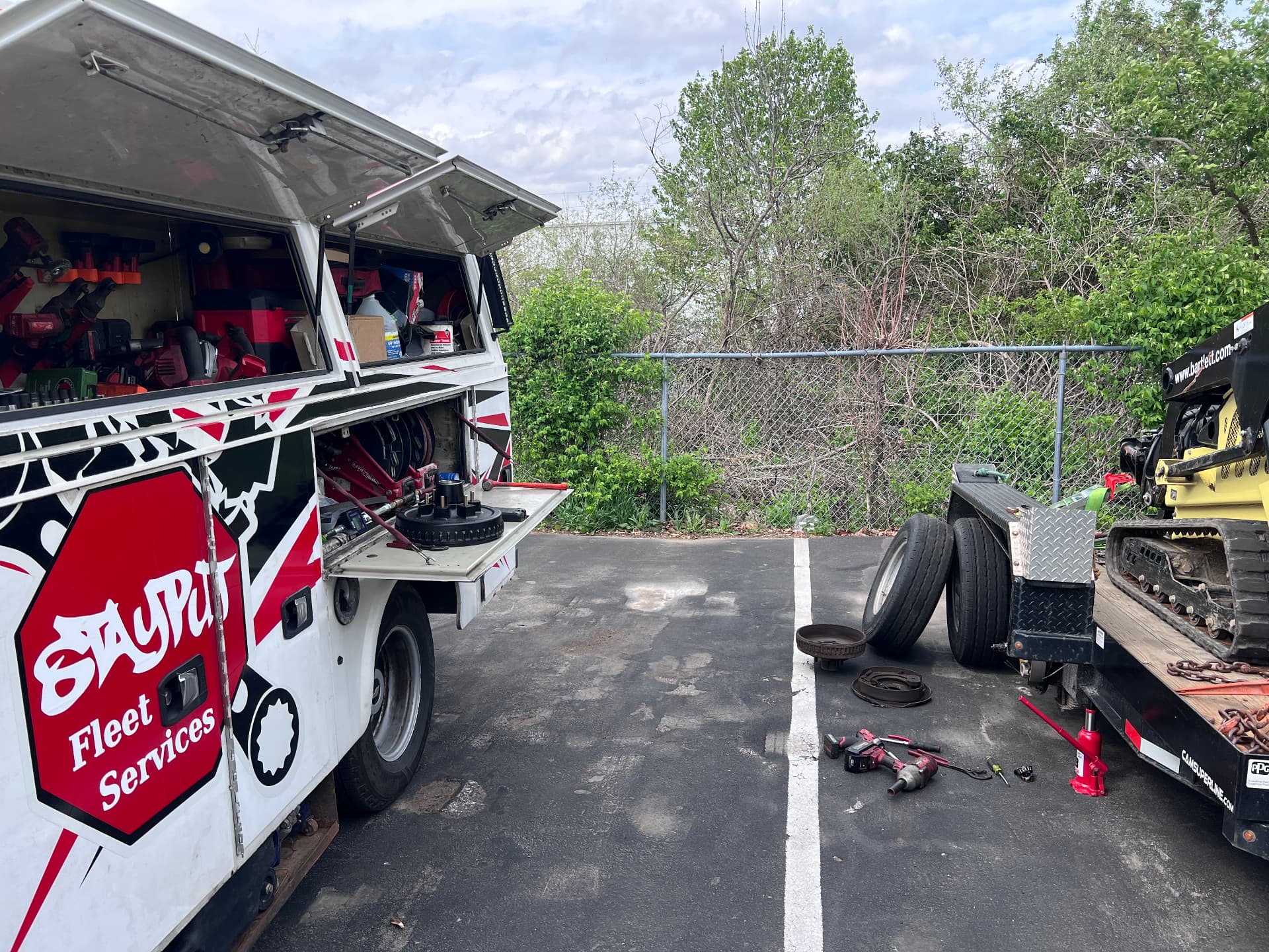 StayPut mobile service truck with wheel and hub assembly removed from a trailer